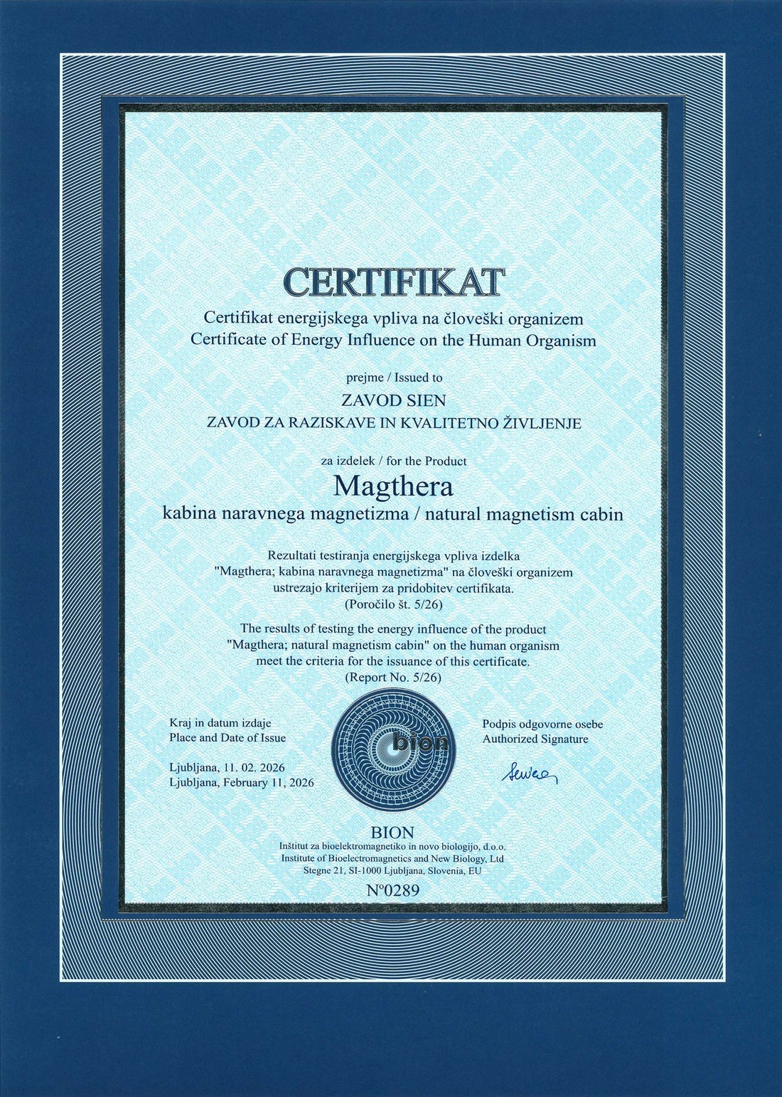 Originalni certifikat Inštituta BION 0289 za kabino MagThera